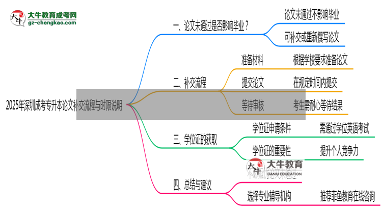 2025年深圳成考專升本論文補(bǔ)交流程與時(shí)限說明思維導(dǎo)圖